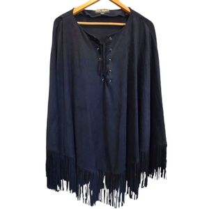 One Size Black Faux Suede Western Fringed Poncho